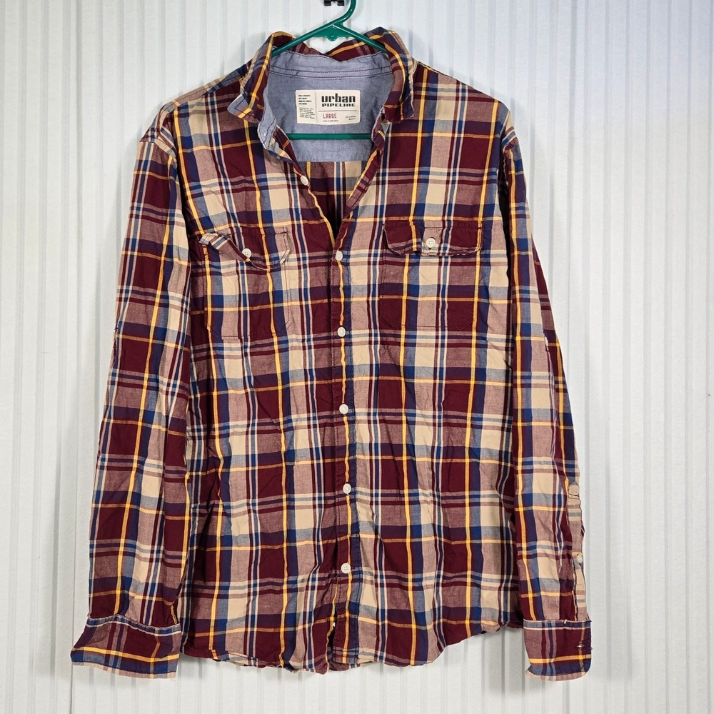 Urban Pipeline Mens Plaid‎ Long Sleeve Button Up Shirt Maroon Blue Yellow Large